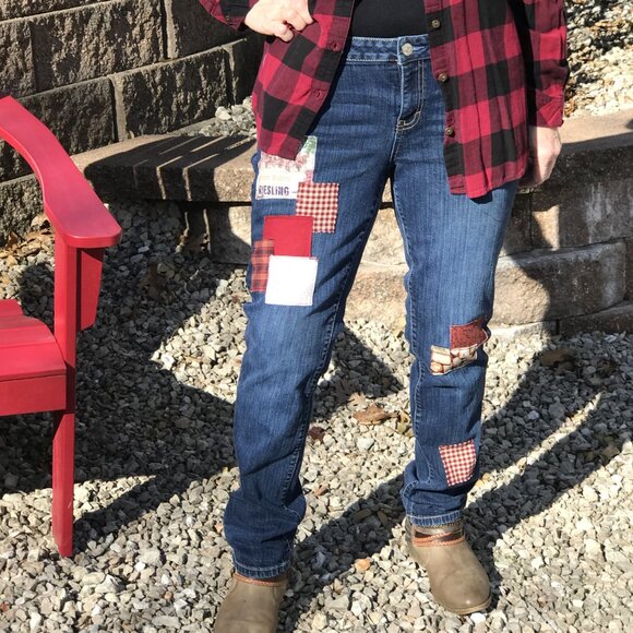 Upcycled Patched Jeans, 14 Junior: Handmade Patchwork Wine Theme Hippie Pants - Picture 4 of 11